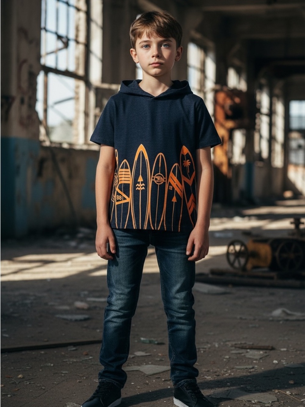 Garanimals Henley navy blue hooded Tee  boys 5T orange surfboard short sleeve
